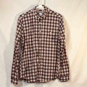 Boast Men’s Button Down Shirt Red Black & White Plaid Long Sleeves 100% Cotton M